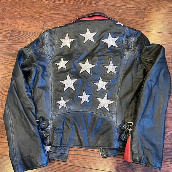 Leather moto distressed jacket with stars size small - Picture 5 of 8